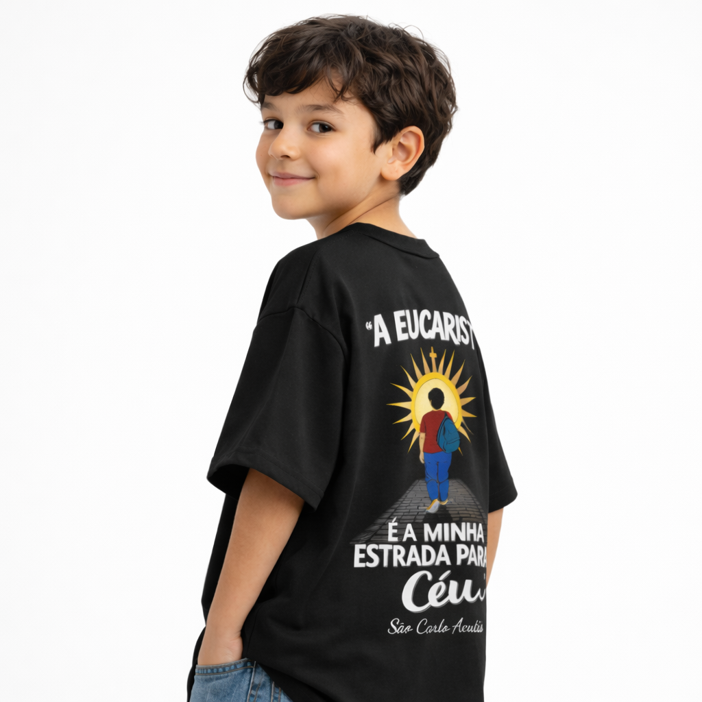 Camiseta Oversized Infantil " Eucaristia Carlo Acutis "